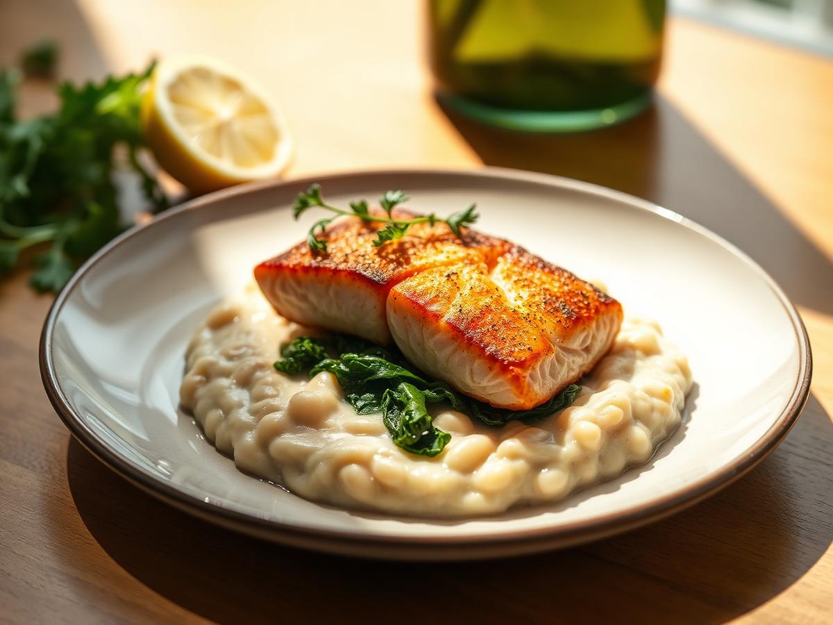 Seared Salmon over Garlicky White Bean Mash